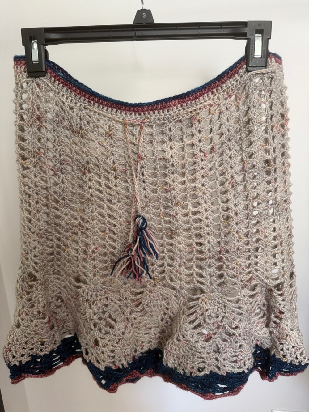 Handmade Crochet Gray Speckled Boho Skirt with Navy and Pink Trim